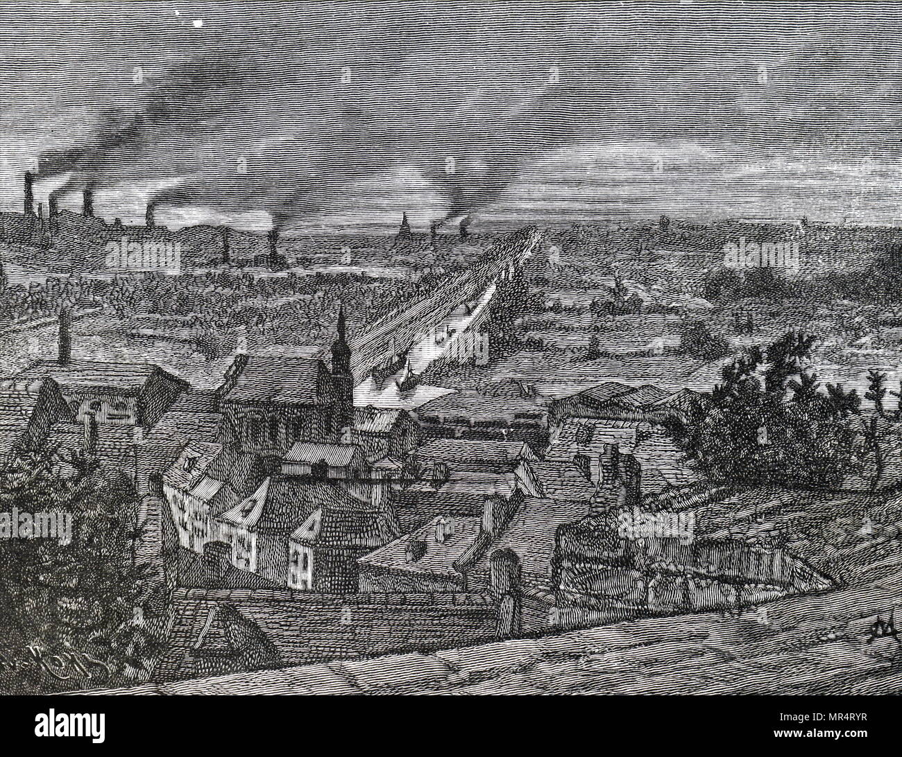 Engraving depicting a general view of Borinage in 1870, the industrial and coal mining district in the Hainault province of Belgium. Dated 19th century Stock Photo