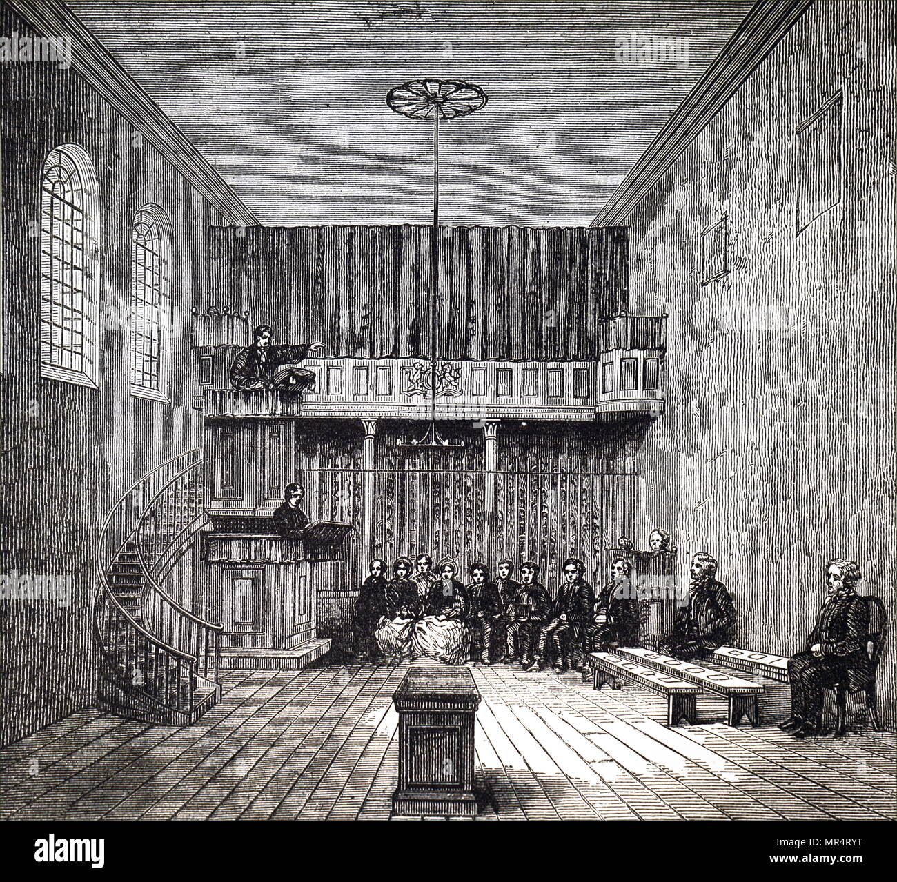 Engraving depicting a Sunday service at Newgate Prison chapel. Dated 19th century Stock Photo