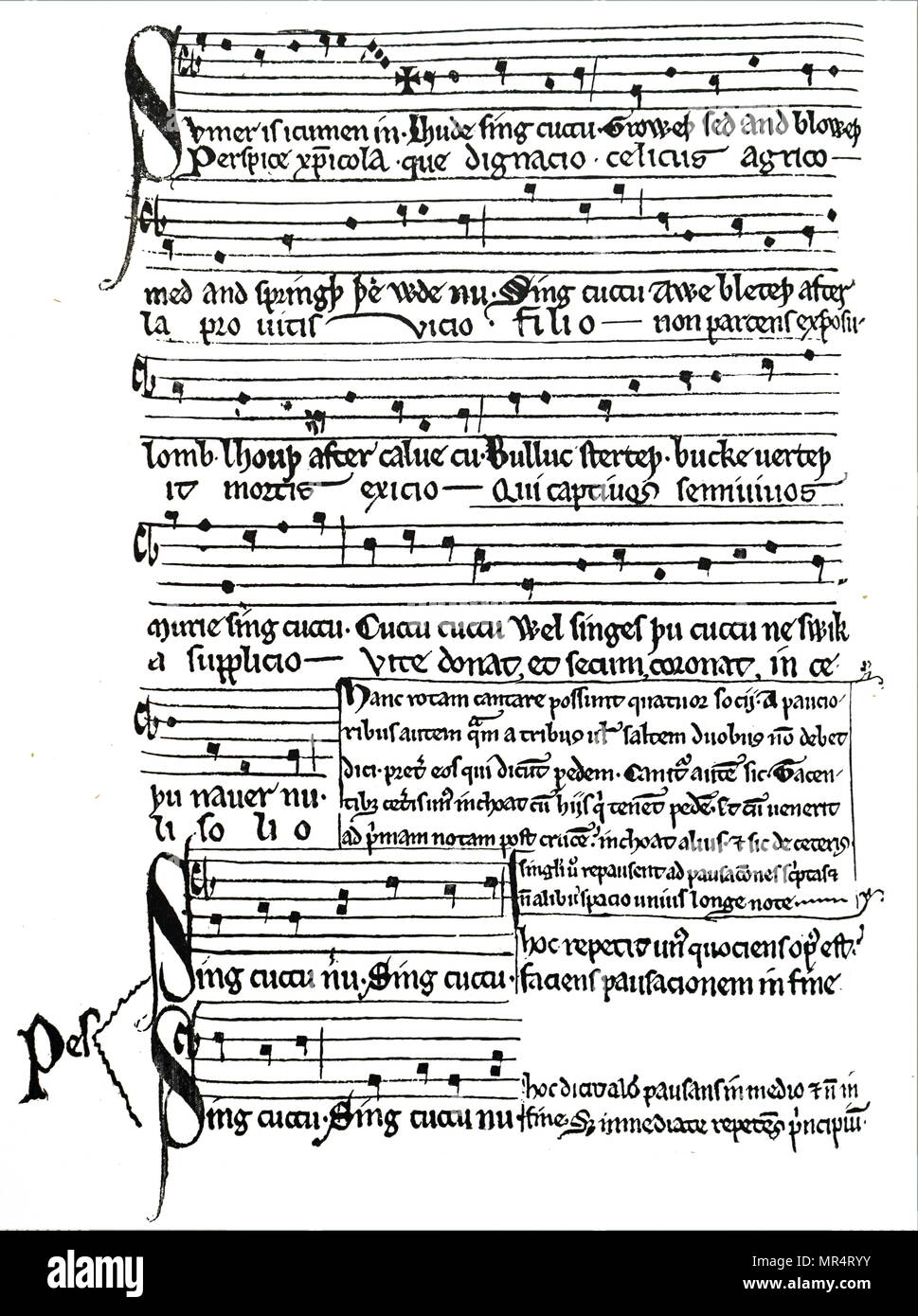 Sheet music for the song 'Summer is Y-comen In': a mid-13th century Old English song of Spring. Alternative Latin words of a devotional song are written under the Old English. Dated 13th century Stock Photo