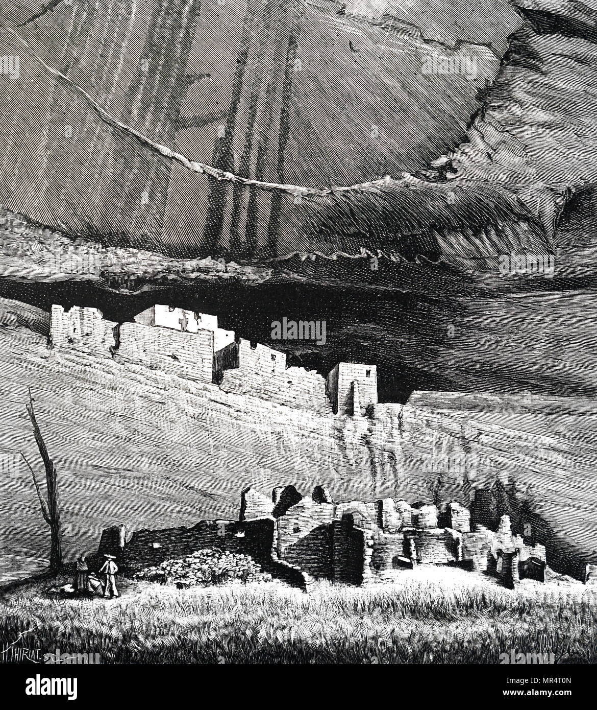 Engraving depicting the ruins of prehistoric cliff houses of Pueblo Indians in New Mexico. Dated 19th century Stock Photo