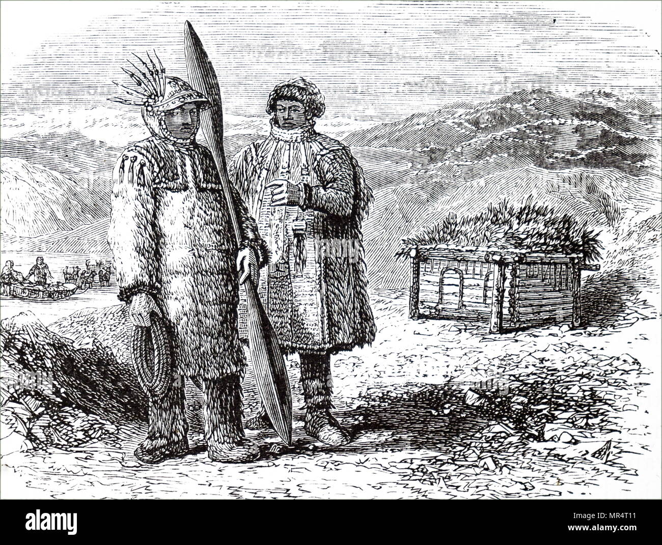 Engraving depicting natives of Unalaska, one of the islands in the Aleutian Islands. Dated 19th century Stock Photo
