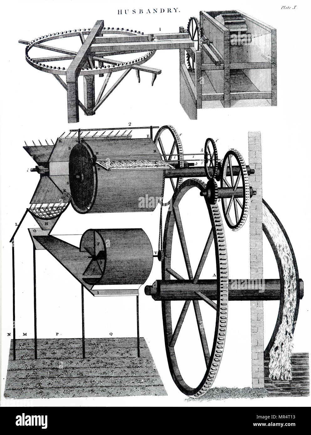 Engraving depicting Andrew Meikle's threshing machine which was used to remove the outer husks from grains of wheat. Top: horse-powered machine. Bottom: improved version powered by a water wheel. Andrew Meikle (1719-1811) a Scottish mechanical engineer credited with inventing the threshing machine. Dated 19th century Stock Photo