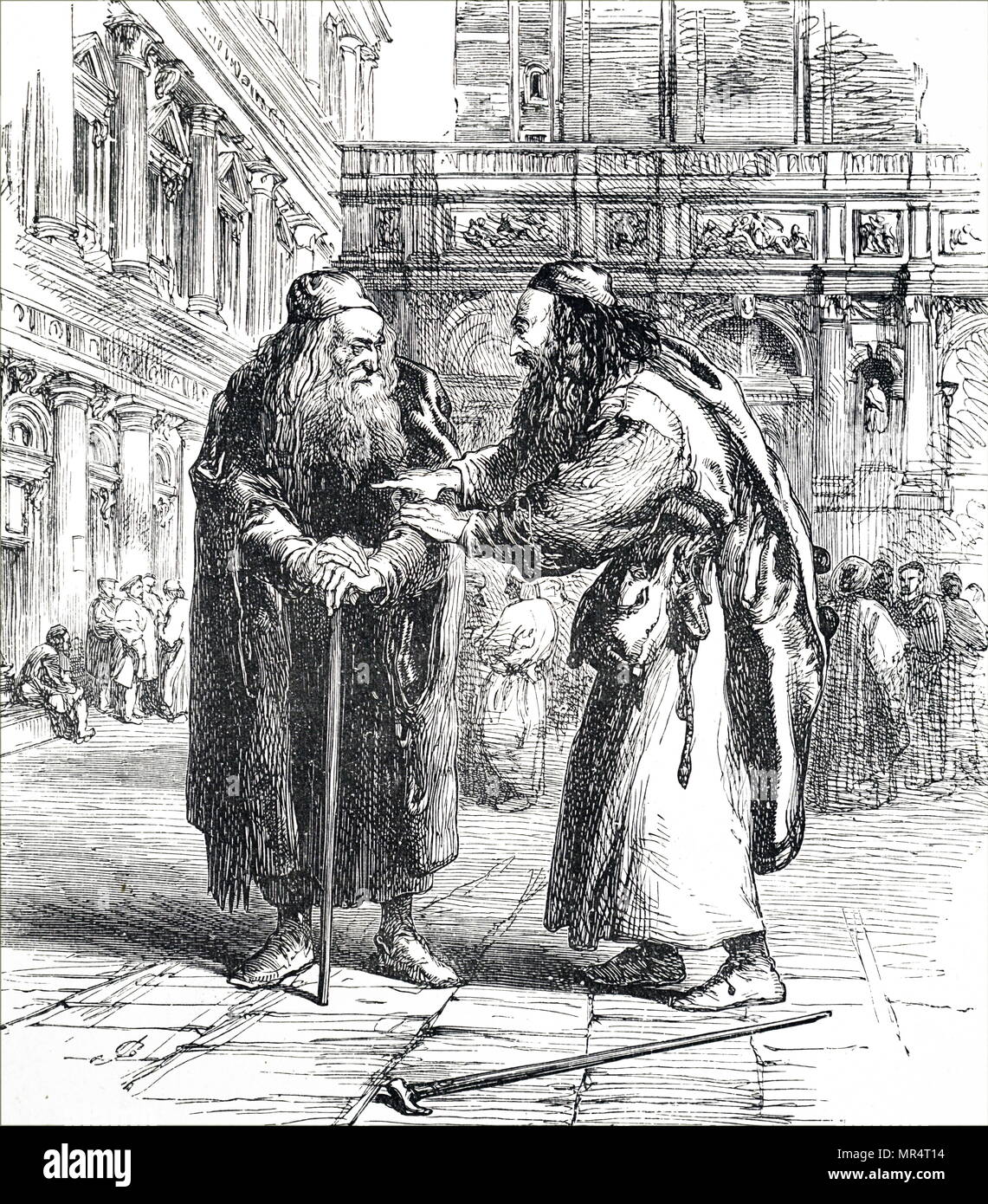 Engraving depicting a scene from William Shakespeare's The Merchant of Venice. Shylock (right) is seen learning from Tubal that Antonio is in financial difficulties, and that there is a chance that he can enforce his contract for repayment with 'a pound of flesh'. William Shakespeare (1564-1616) an English poet, playwright and actor. Dated 19th century Stock Photo