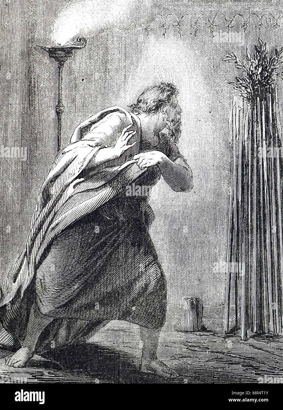 Engraving depicting Aaron's Rod being placed with the others of the twelve tribes, sends forth leaves showing that he was chosen by the Lord. Aaron's rod refers to any of the staff carried by Moses's brother, Aaron, in the Torah. The Bible tells how, along with Moses's rod, Aaron's rod was endowed with miraculous power during the Plagues of Egypt that preceded the Exodus. There are two occasions where the Bible tells of the rod's power. Dated 19th century Stock Photo