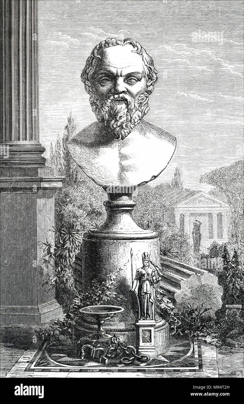 Engraving depicting a bust of Socrates (470 BC -399 BC) a classical Greek philosopher credited as one of the founders of Western philosophy, and is known as the first moral philosopher, of the western ethical tradition of thought. Dated 19th century Stock Photo