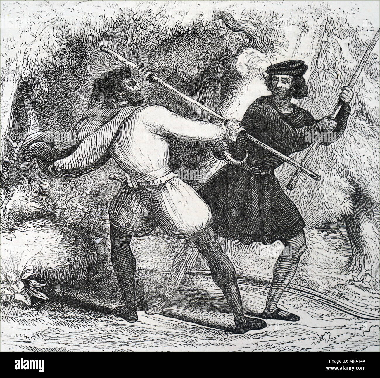 Engraving depicting Robin Hood, a legendary English folk hero and outlaw, champion of the poor. An expert with the longbow and quarter-staff. Robin (left) defends himself with a quarter-staff against the Tanner. Dated 19th century Stock Photo