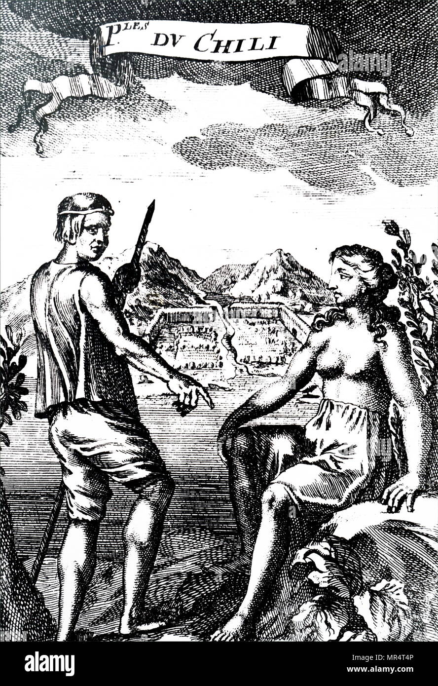 Copperplate engraving depicting native Chileans. Dated 17th century Stock Photo