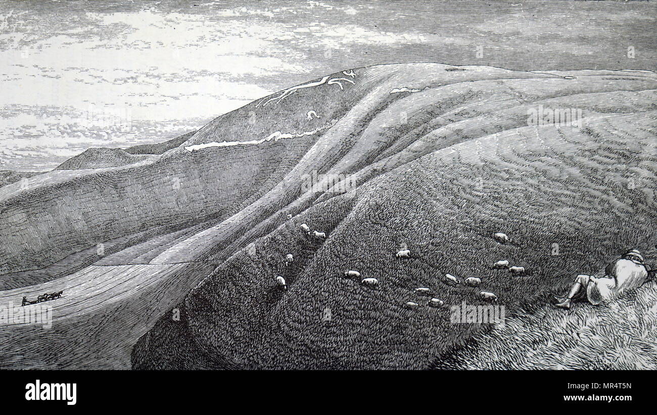 Engraving depicting a view of the Vale of the White Horse, showing the Uffington White Horse. The Uffington White Horse is a highly stylised prehistoric hill figure, 110 m long, formed from deep trenches filled with crushed white chalk. Dated 19th century Stock Photo