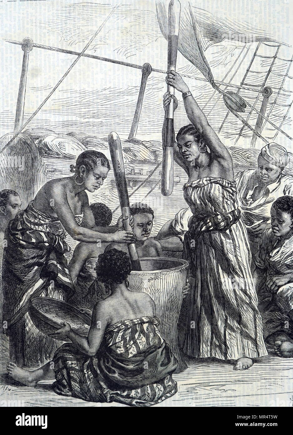 Engraving depicting East African women, freed from Arab slavery, pounding millet on board the HMS Lynx. Dated 19th century Stock Photo