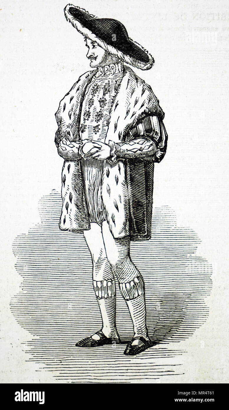 Illustration depicting William Macready in costume as James V of Scotland in the first production of 'The King of the Commons' at the Princess' Theatre, London. William Macready (1793-1873) an English actor. Dated 19th century Stock Photo
