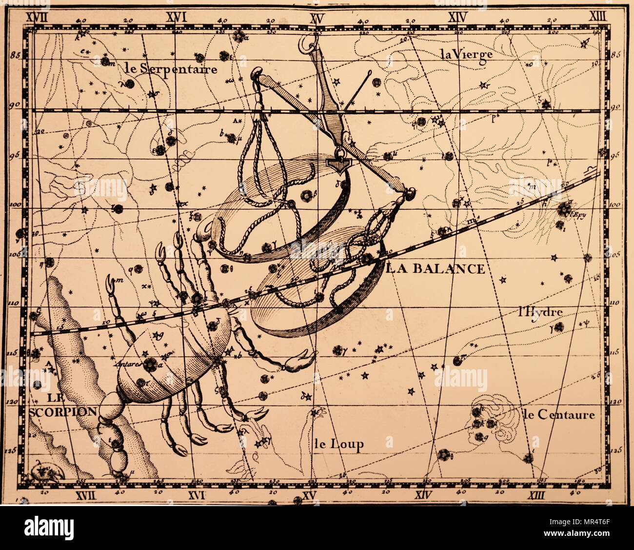 Engraving depicting the constellations Scorpius and Libra. Scorpius is one of the constellations of the zodiac. Libra is a constellation of the zodiac. Dated 18th century Stock Photo