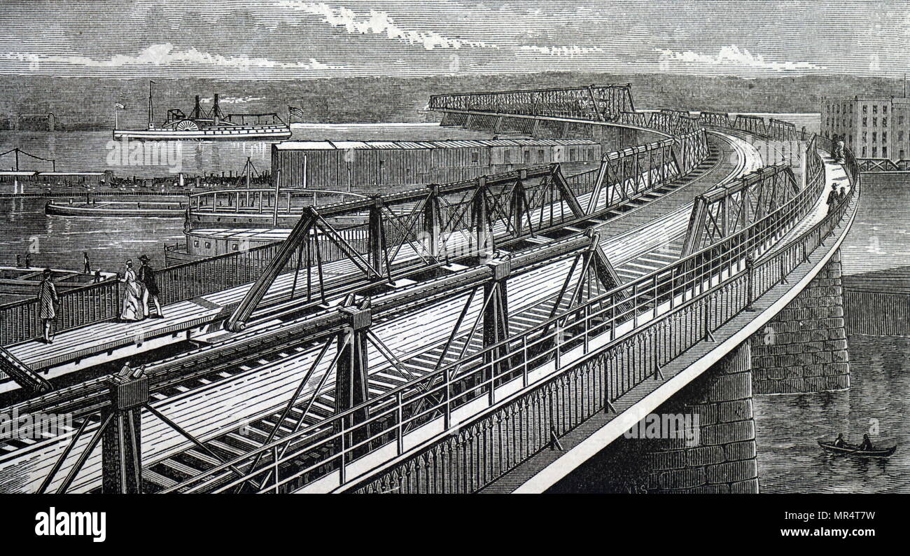 Illustration depicting the Hudson River railway bridge, Albany, New York. Built by the Phoenix Iron and Bridge Works. Dated 19th century Stock Photo