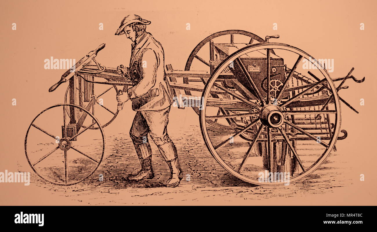 Engraving depicting Hornsby's ten-row seed drill for corn. This had rubber delivery tubes for slides to regulate the flow of seed. Dated 19th century Stock Photo