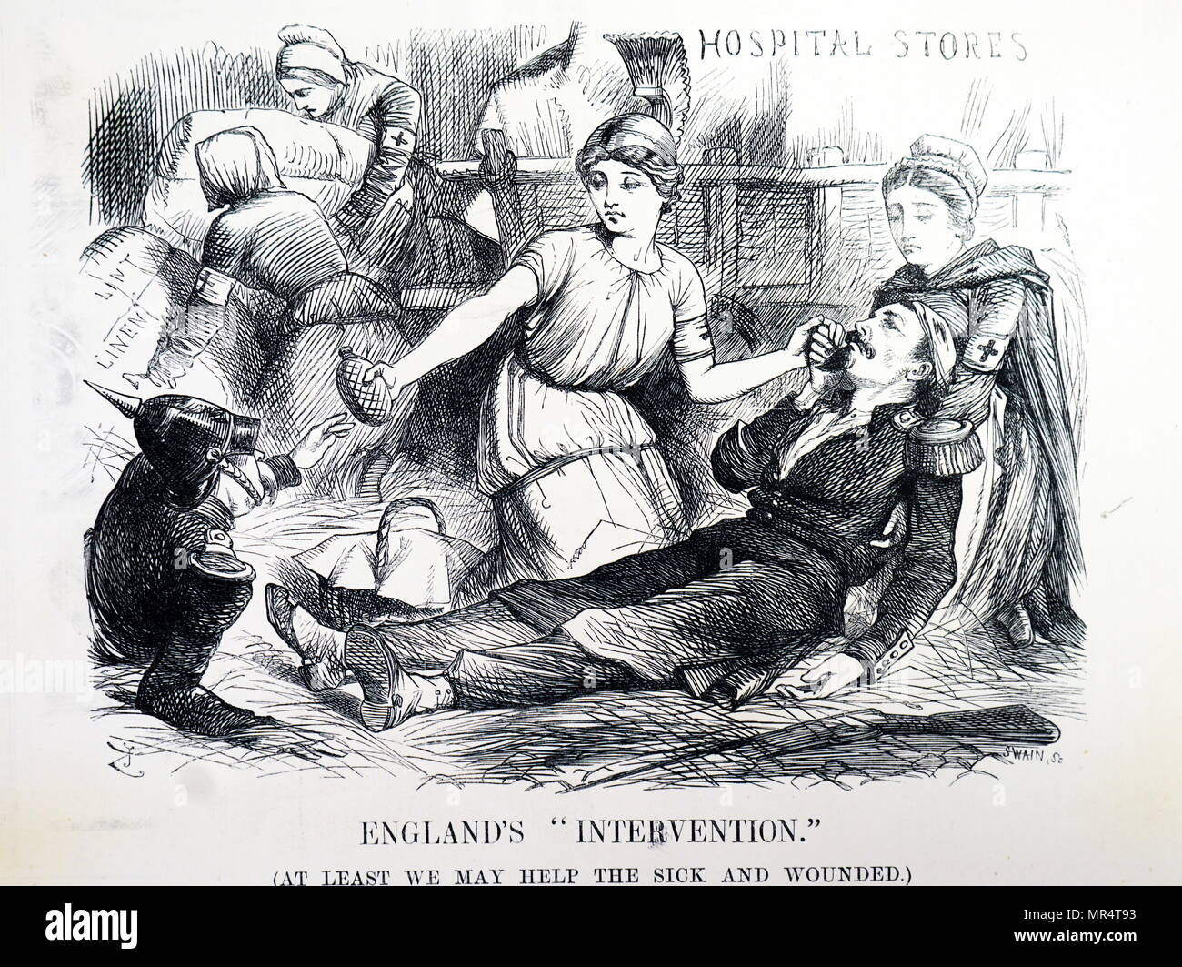 Cartoon commenting on the Franco-Prussian War. Britannia (centre) and her team of nurses tend to both Prussian (left) and French (right) wounded. Illustrated by John Tenniel (1820-1914) an English illustrator, graphic humourist, and political cartoonist. Dated 19th century Stock Photo