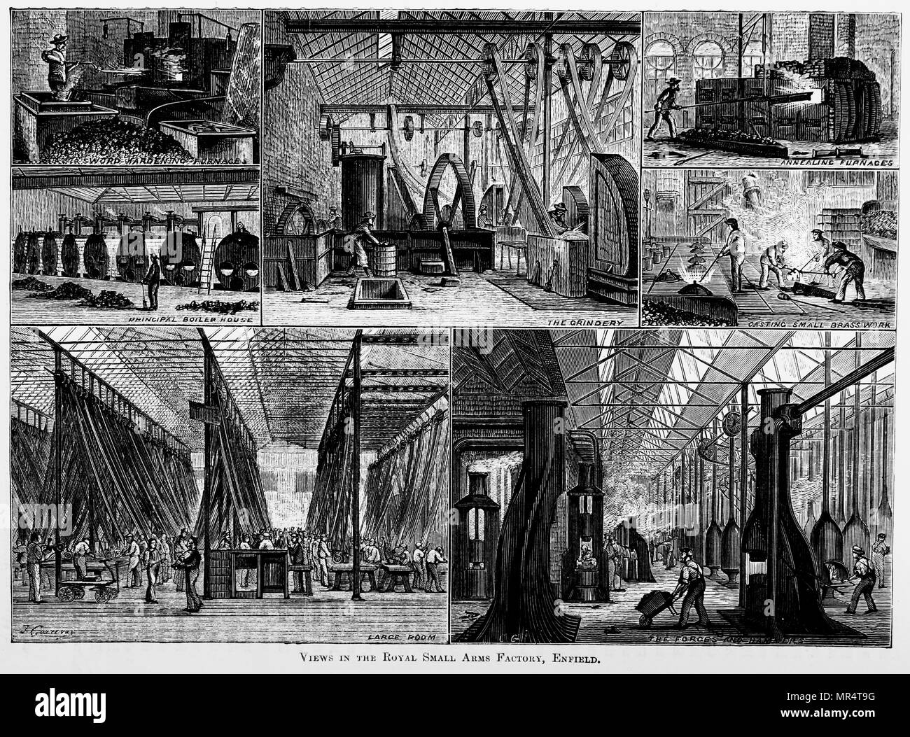Engraving depicting scenes from within the Royal Small Arms Factory in Enfield Lock, Middlesex. Various departments engaged in producing swords and small arms for the British government. The bottom two pictures show workshops with ridge and furrow roofs with north facing skylights for even lighting. The one on the left shows ranks of machines powered by shafts and belting. Dated 19th century Stock Photo