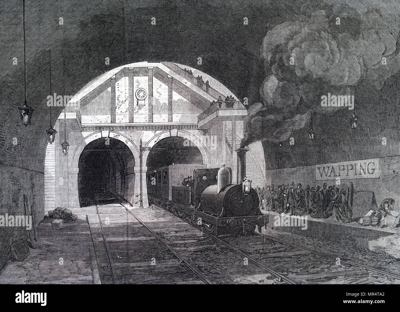 Engraving depicting a train coming out of the Thames Tunnel at Wapping. Marc Isambard Brunel's tunnel was constructed between 1825 and 1843, and is still used by electric trains running between New Cross and Whitechapel. Marc Isambard Brunel (1769-1849) a French-born engineer who settled in England. Dated 19th century Stock Photo