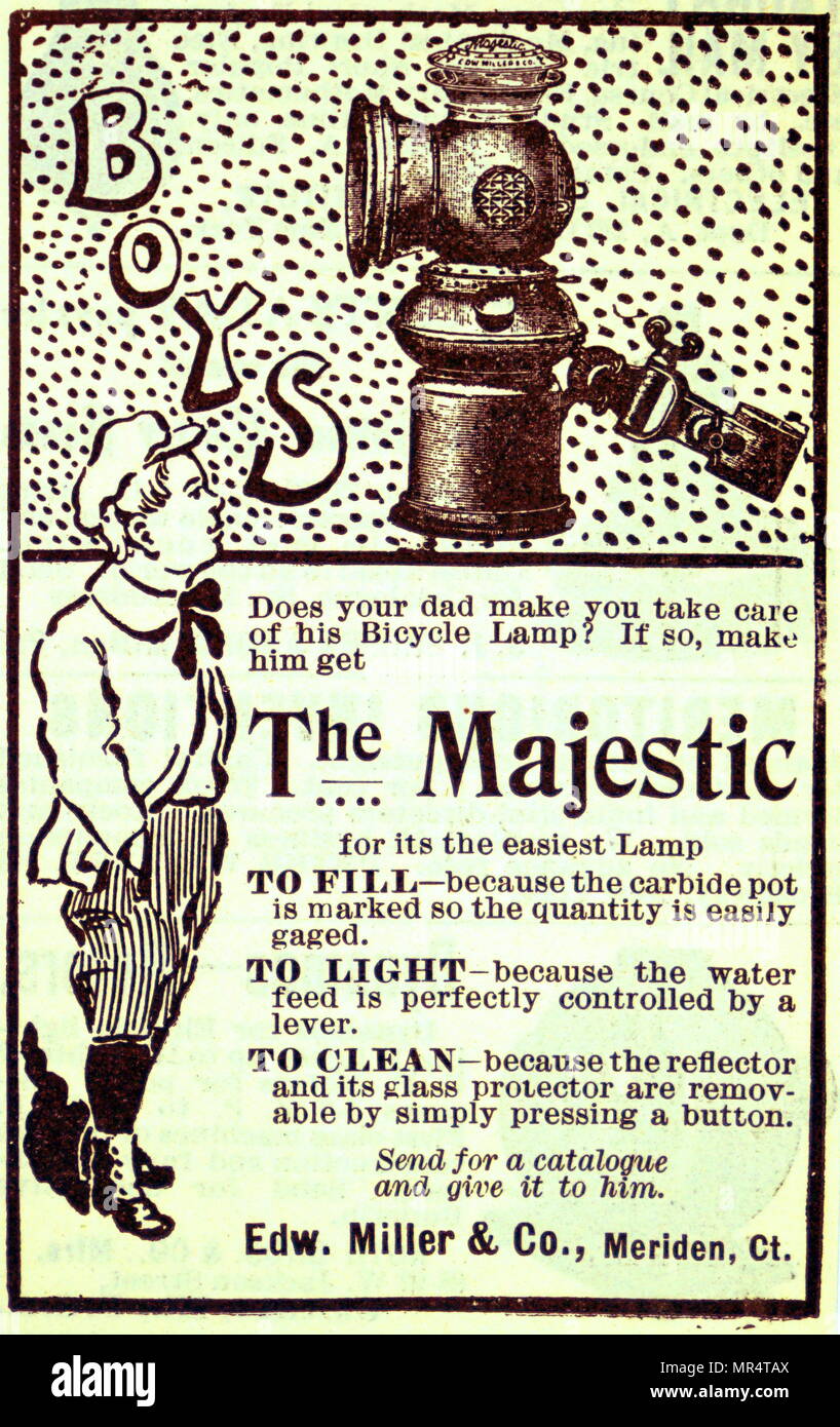Advertisement for an acetylene bicycle lamp. A Carbide lamp, or acetylene gas lamps, are simple lamps that produce and burn acetylene (C2H2) which is created by the reaction of calcium carbide (CaC2) with water. Dated 20th century Stock Photo