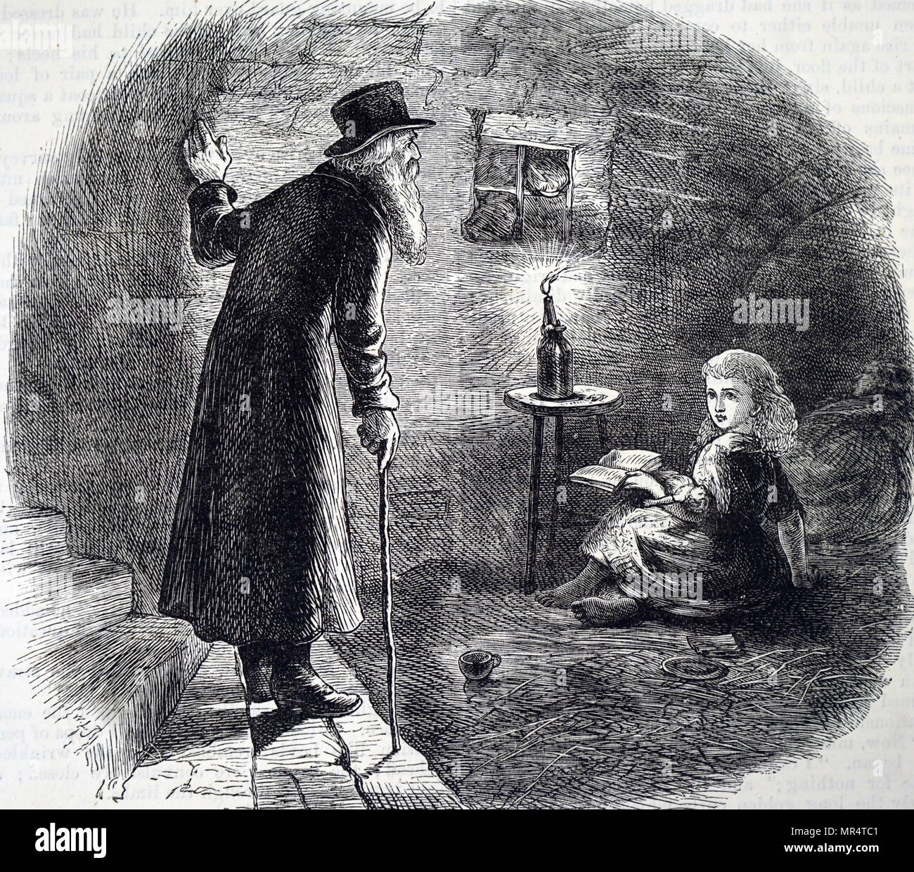 Engraving an elderly man discovering a sick mother and her daughter hiding in his cellar. Dated 19th century Stock Photo