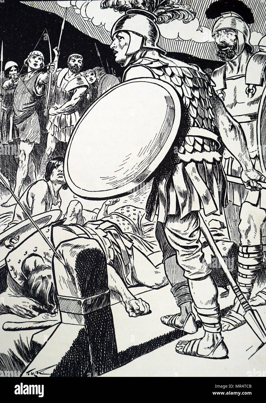 Illustration depicting Horatius Cocles holding the bridge over the Tiber into Rome against Lars Porsena's army. Horatius Cocles (530-500 BC) an officer in the army of the ancient Roman Republic who famously defended the Pons Sublicius from the invading army of Lars Porsena, King of Clusium in the late 6th century BC. Dated 20th century Stock Photo