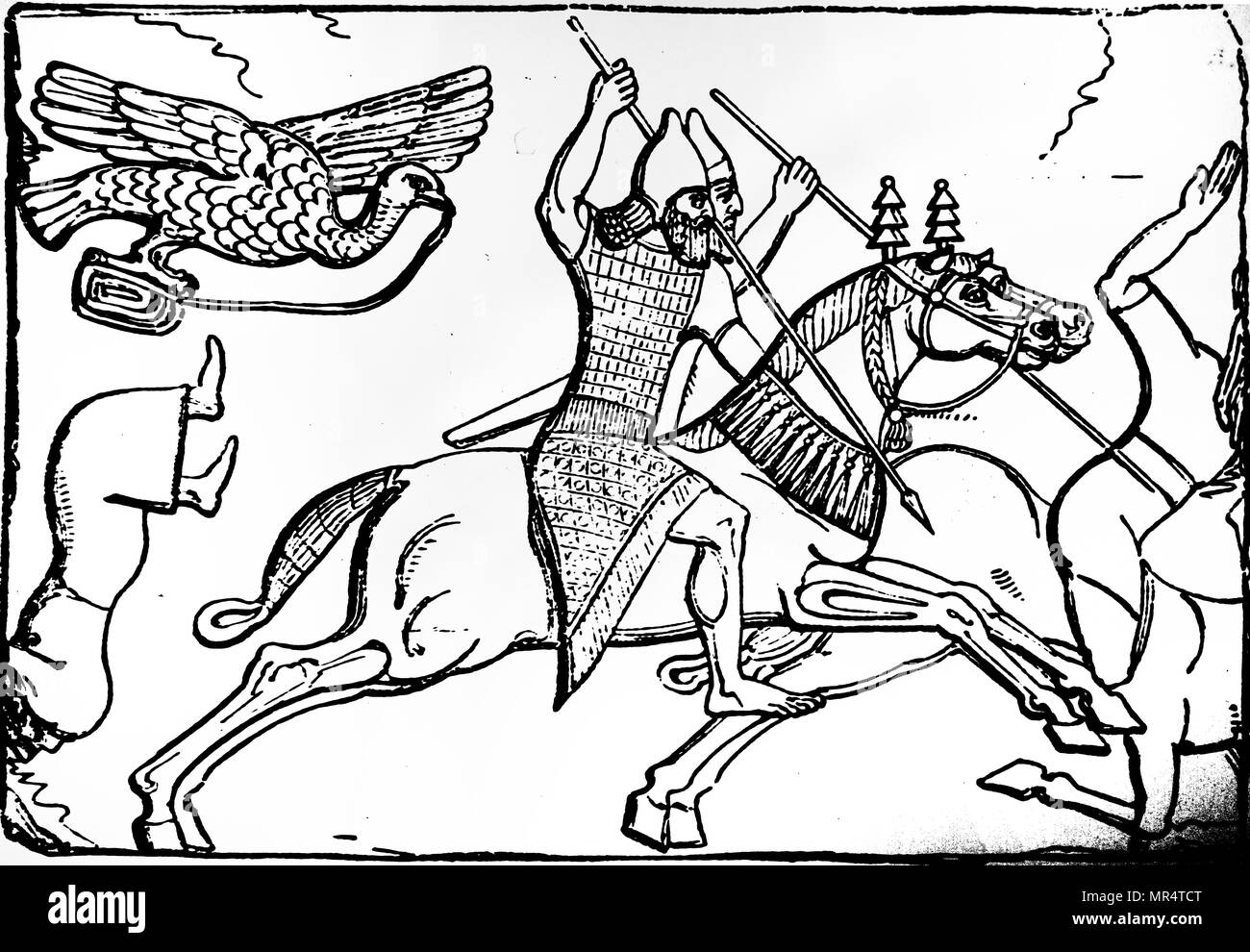 Engraving depicting an Assyrian cavalry pursuing their enemies. From a bas relief found at Nimrud. Dated 16th century Stock Photo