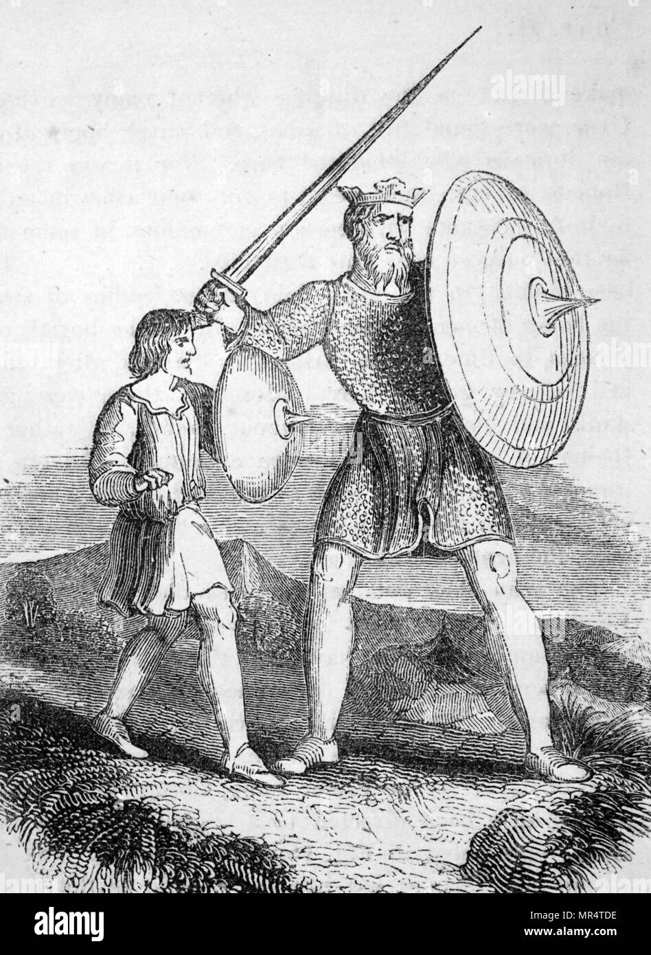 Illustration depicting an Anglo-Saxon King armed with a sword and spiked shield and clothed in chainmail. At his side is his armour bearer. Dated 18th century Stock Photo