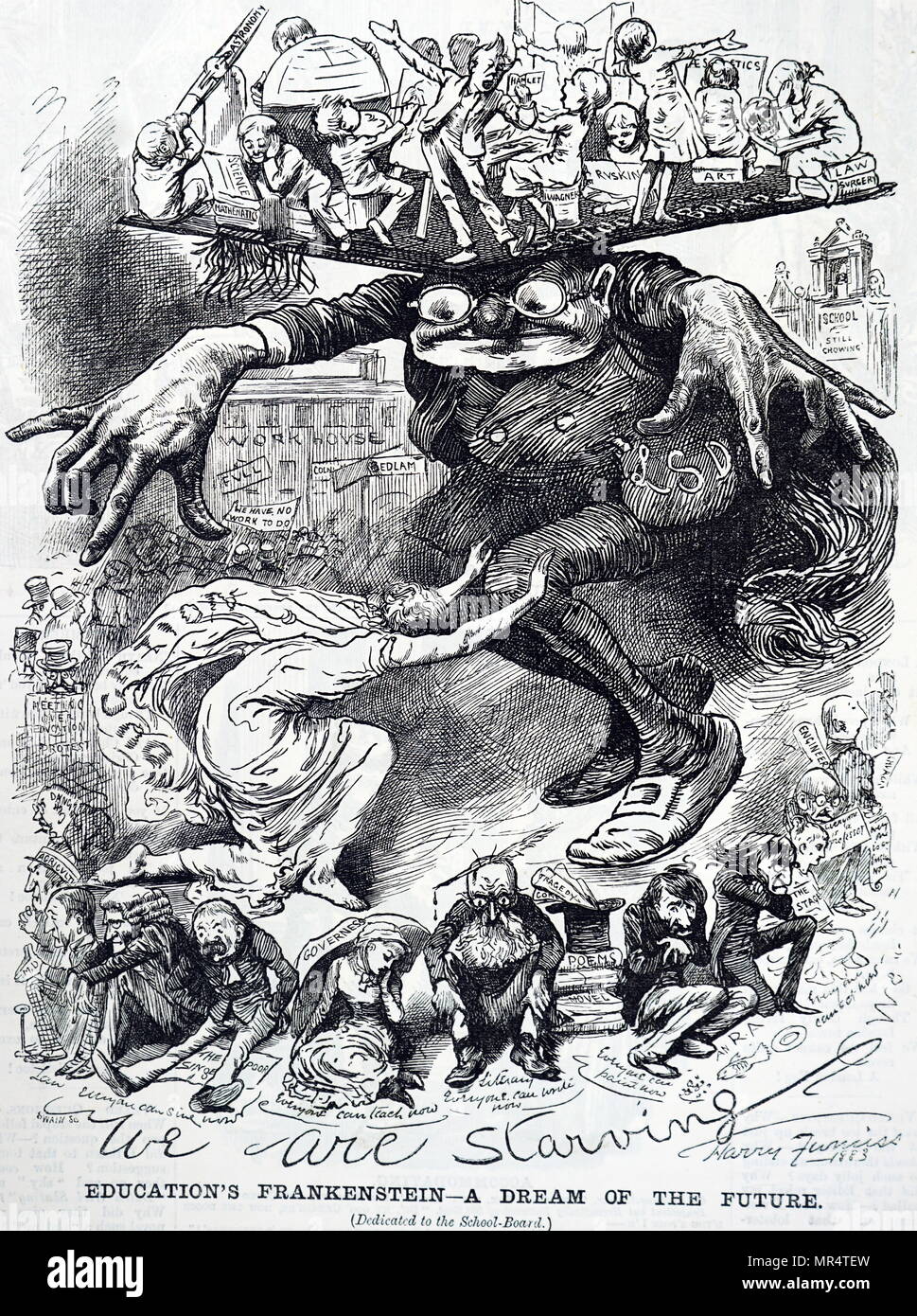 Cartoon commenting on board schools. The professional classes feared that universal publicly funded education would create too many 'educated' people, and so put them out of work. Illustrated by Harry Furniss (1854-1925) and Irish artist and illustrator. Dated 19th century Stock Photo