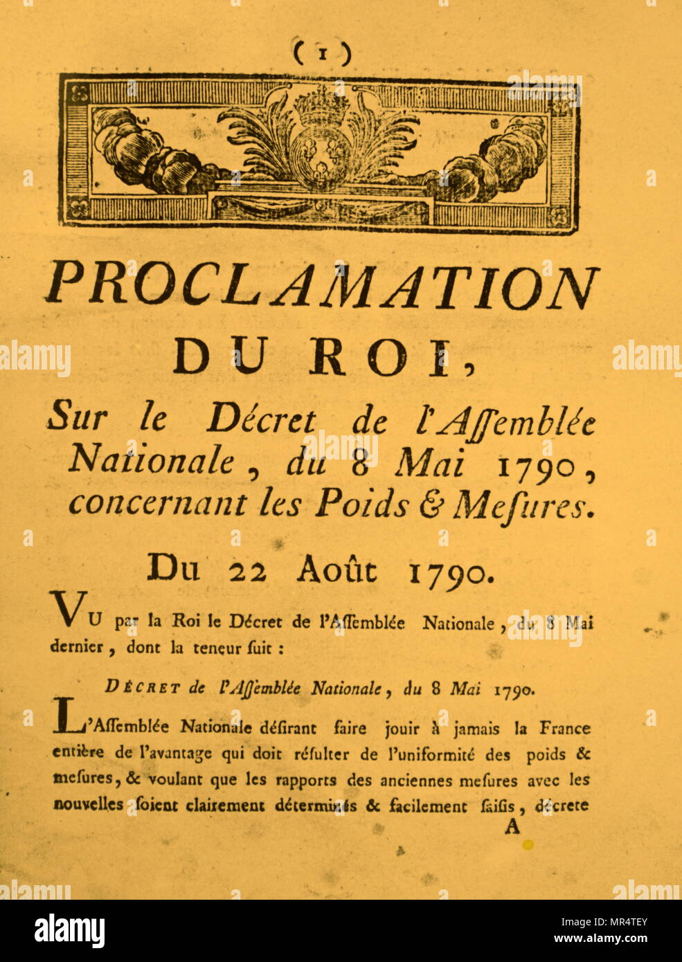 The royal proclamation on the standardisation of measurements throughout France. Dated 18th century Stock Photo