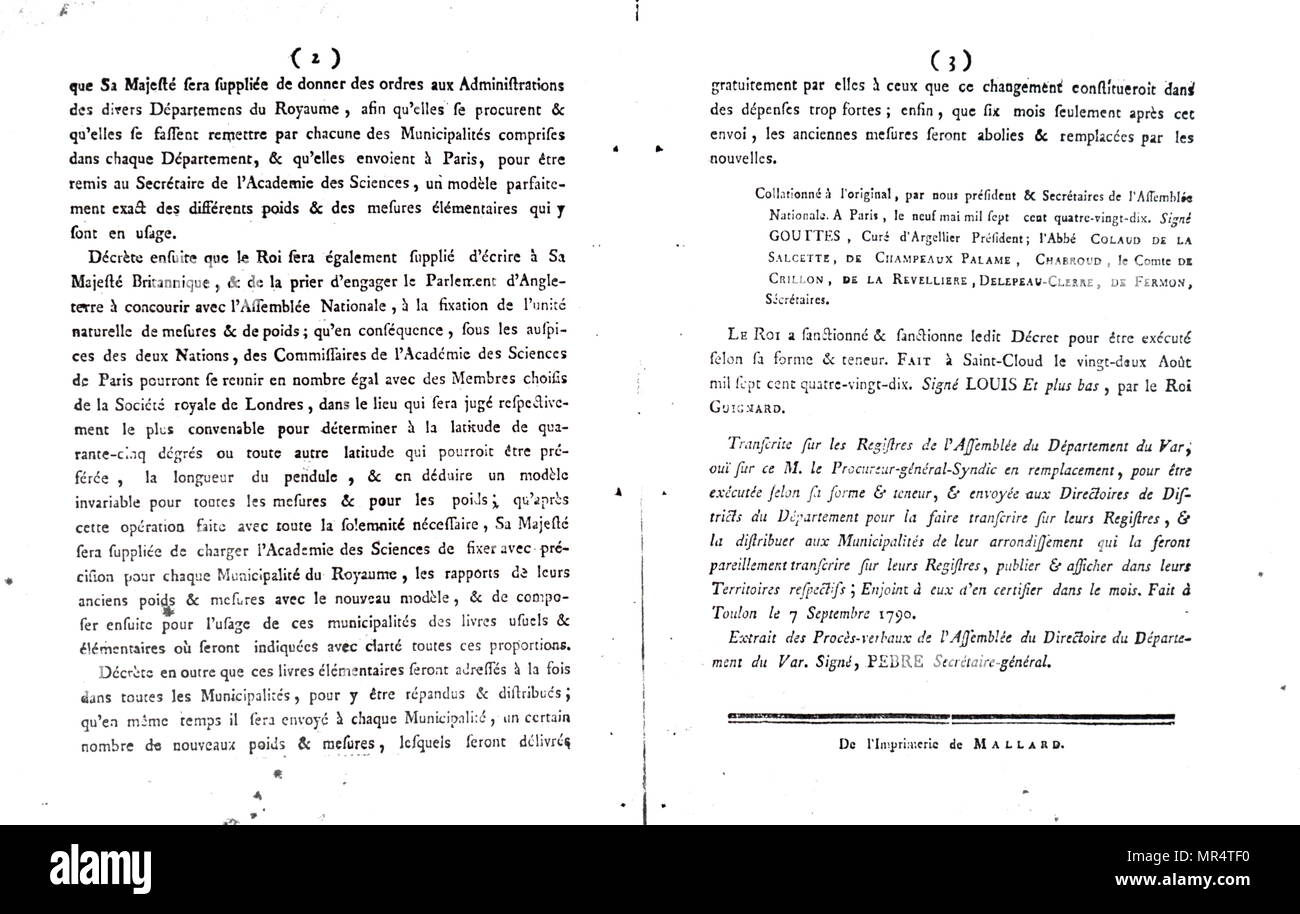The royal proclamation on the standardisation of measurements throughout France. Dated 18th century Stock Photo