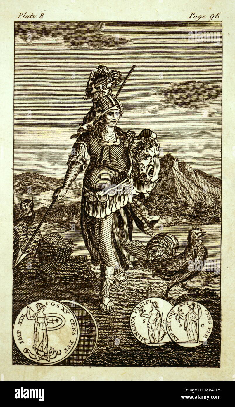 Engraving depicting the Greek Goddess Athena. Athena, the Goddess of wisdom, handicraft, and strategic war. Dated 19th century Stock Photo