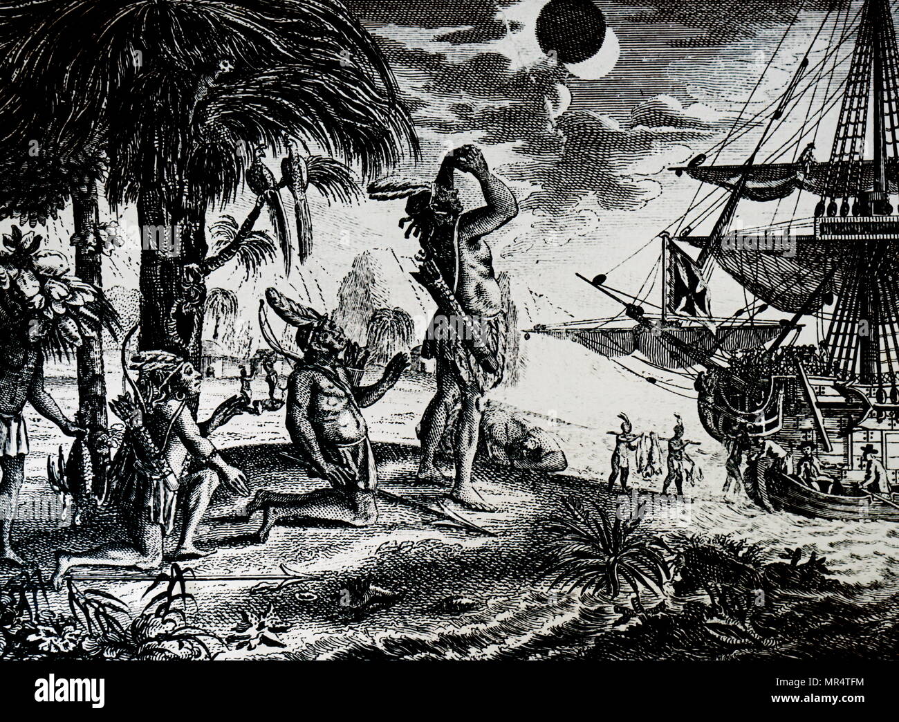 Engraving depicting native Indians watching a lunar eclipse that had been foretold by Christopher Columbus. Christopher Columbus. an Italian explorer, navigator, and colonizer. Born in the Republic of Genoa, under the auspices of the Catholic Monarchs of Spain he completed four voyages across the Atlantic Ocean. Dated 17th century Stock Photo