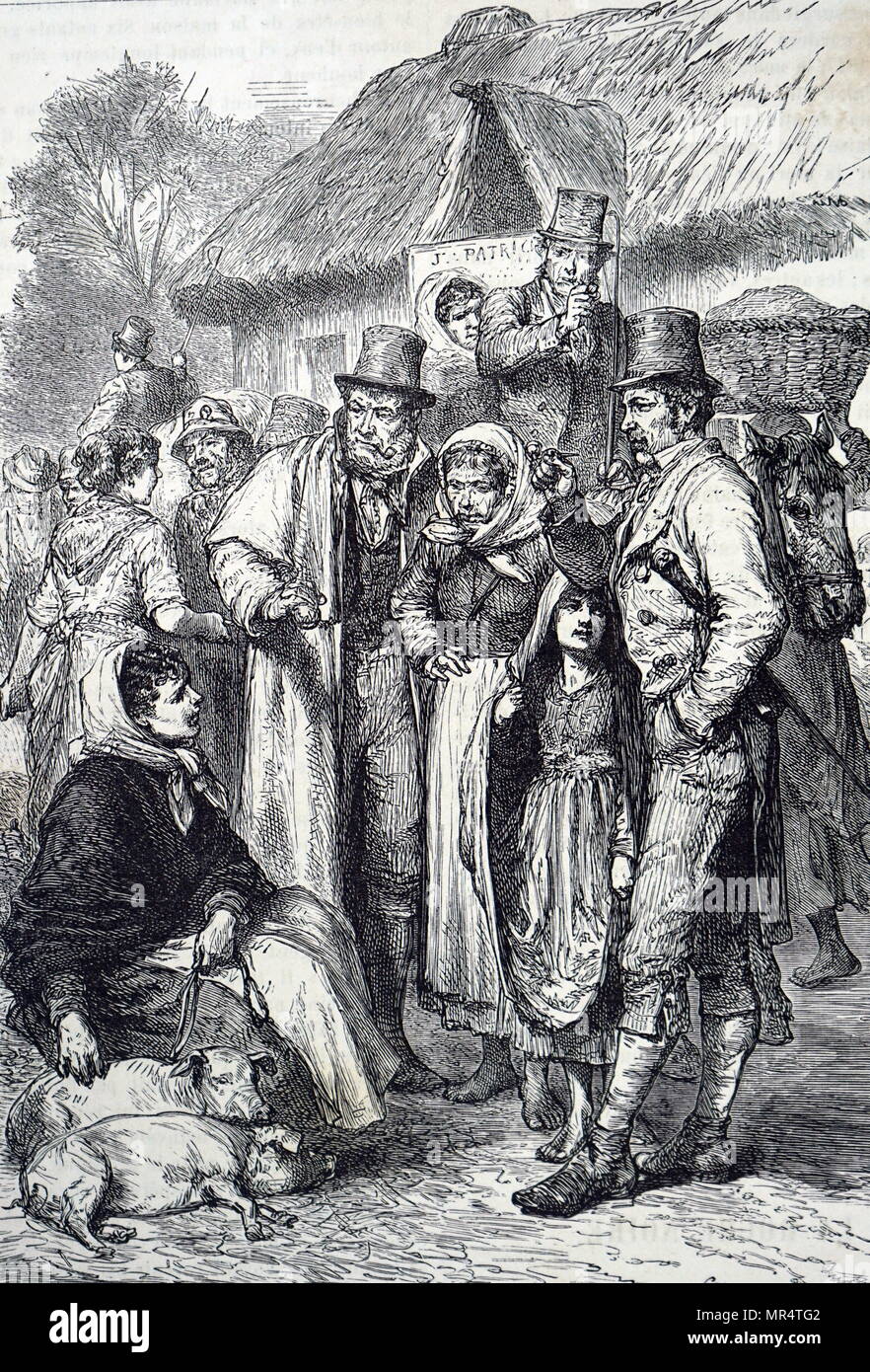 Engraving depicting a busy market day in a small Irish town. Dated 19th century Stock Photo