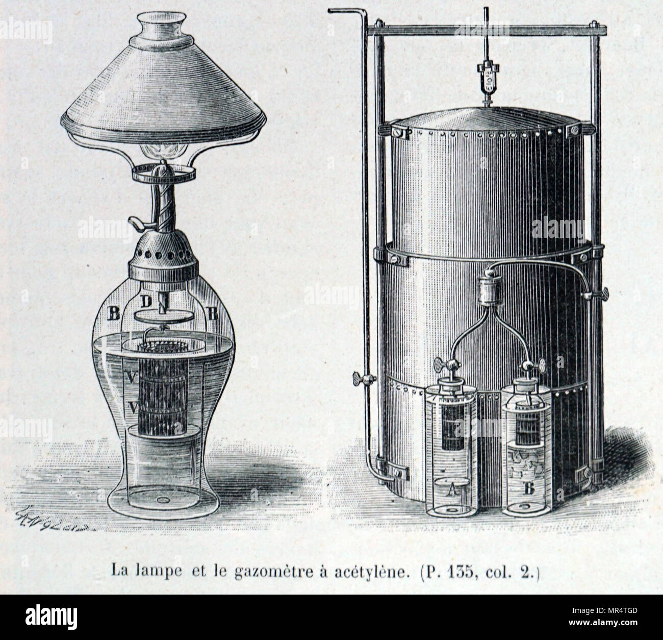 Engraving depicting a Carbide lamp, or acetylene gas lamps, are simple lamps  that produce and burn acetylene (C2H2) which is created by the reaction of  calcium carbide (CaC2) with water. Dated 19th