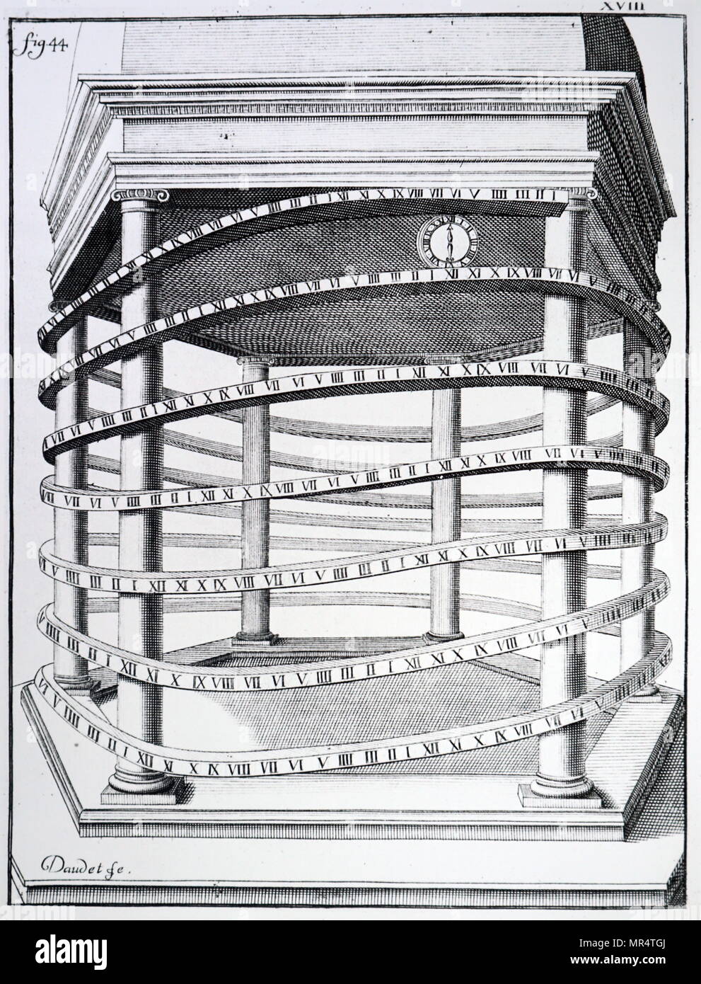 Engraving depicting a gravity driven clock: a short cylinder with a dial at one end travels down an helical path. The pointer shows the fractions of an hour on the dial and the hour itself is indicated on the helix. Dated 18th century Stock Photo