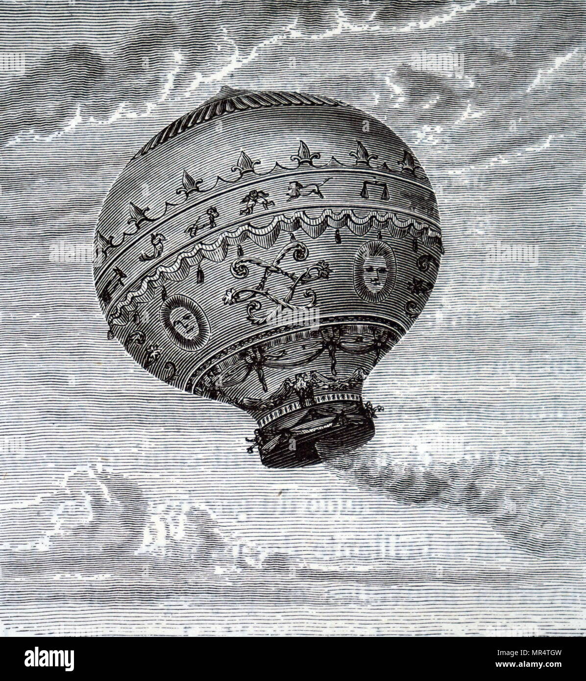 Engraving depicting François Laurent le Vieux d'Arlandes and Jean-François Pilâtre de Rozier in their Montgolfier balloon in which they made the first manned free balloon flight on 21 November 1783. François Laurent le Vieux d'Arlandes (1742-1809) was a French marquis, soldier and a pioneer of hot air ballooning. Jean-François Pilâtre de Rozier (1754-1785) was a French chemistry and physics teacher, and one of the first pioneers of aviation. Dated 18th century Stock Photo