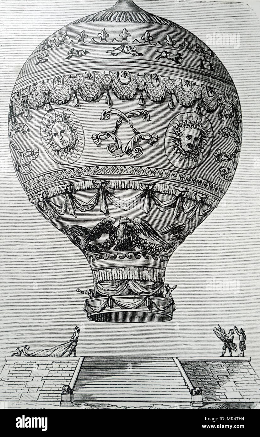 Engraving depicting François Laurent le Vieux d'Arlandes and Jean-François Pilâtre de Rozier in their Montgolfier balloon in which they made the first manned free balloon flight on 21 November 1783. François Laurent le Vieux d'Arlandes (1742-1809) was a French marquis, soldier and a pioneer of hot air ballooning. Jean-François Pilâtre de Rozier (1754-1785) was a French chemistry and physics teacher, and one of the first pioneers of aviation. Dated 18th century Stock Photo