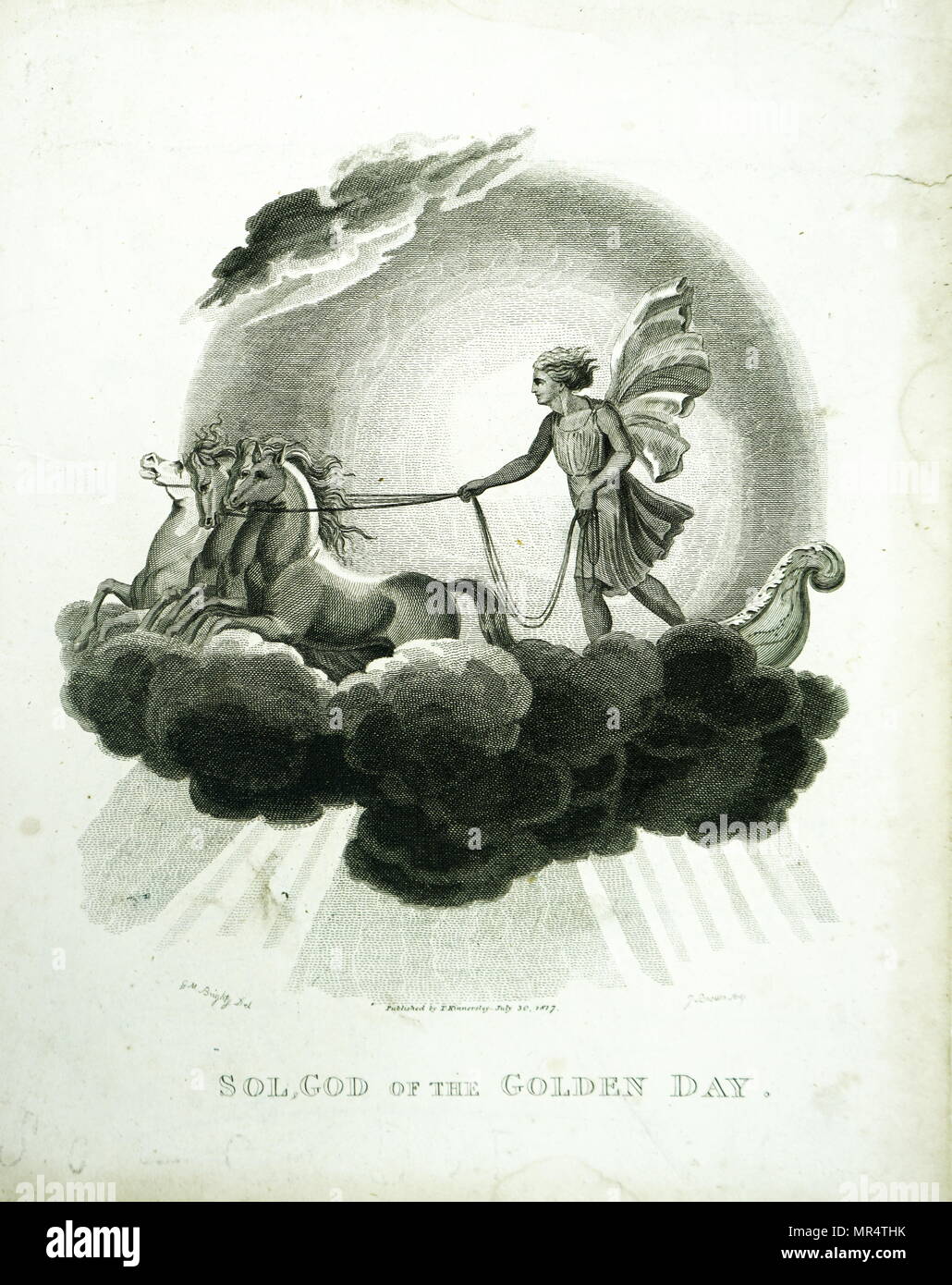 Engraving depicting Helios, the Sun God in Ancient Greek mythology, riding his chariot. Dated 19th century Stock Photo