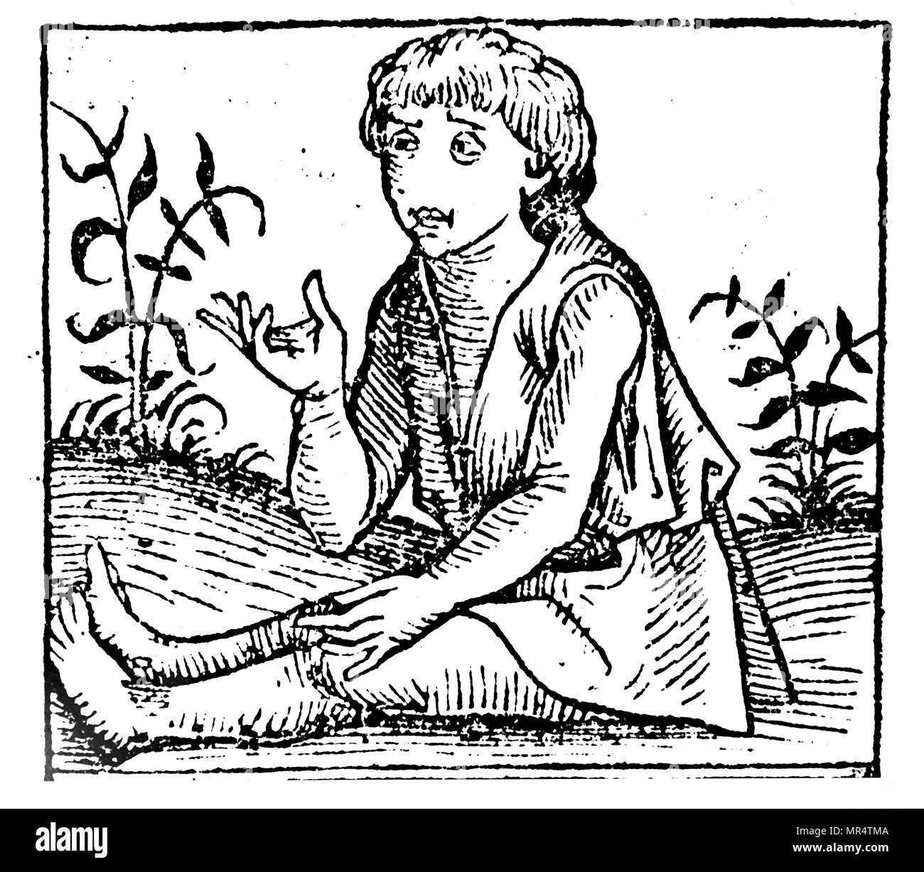 Woodblock engraving depicting a nose-less, hermaphrodite tribe which the ancients believed inhabited certain regions of the earth. Dated 15th century Stock Photo