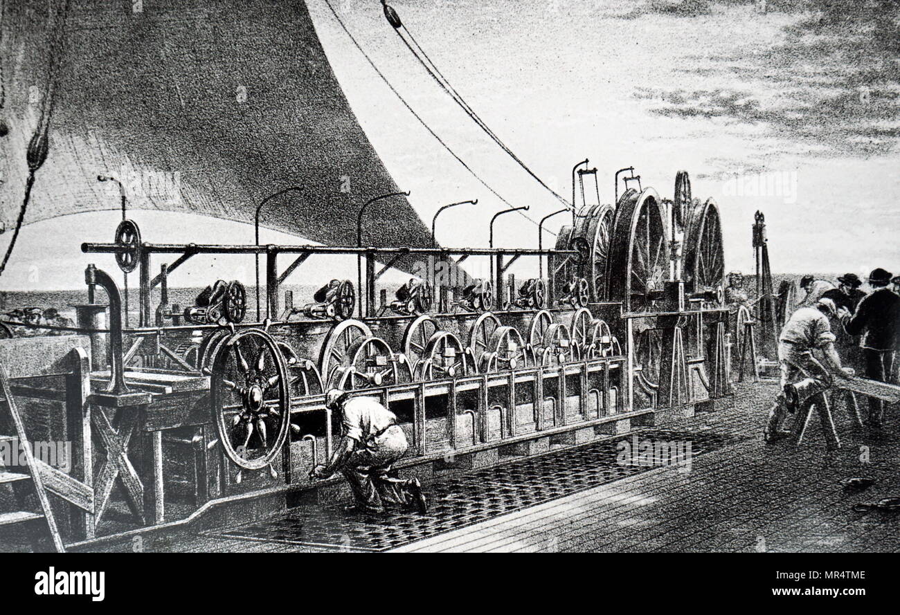 Print depicting the transportation of the cables used in the Atlantic Telegraph. The transatlantic telegraph cable was an undersea cable running under the Atlantic Ocean used for telegraph communications. Transatlantic telegraph cables have since been replaced by transatlantic telecommunications cables. Dated 19th century Stock Photo
