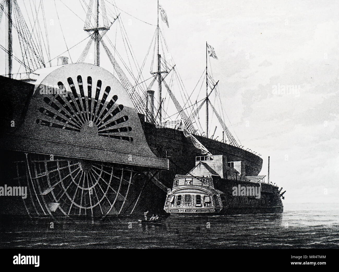 Print depicting the transportation of the cables used in the Atlantic Telegraph. The transatlantic telegraph cable was an undersea cable running under the Atlantic Ocean used for telegraph communications. Transatlantic telegraph cables have since been replaced by transatlantic telecommunications cables. Dated 19th century Stock Photo