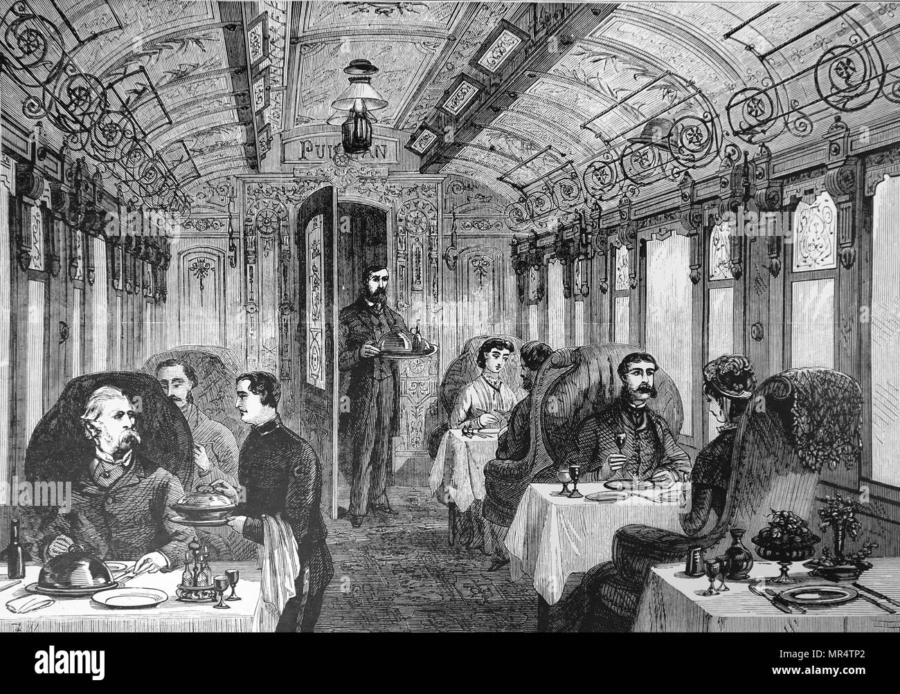 Engraving depicting passengers taking lunch in a dining car on the Great Northern Railway. Dated 19th century Stock Photo