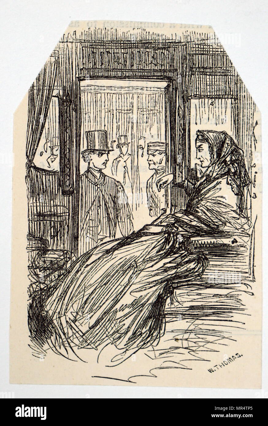 Illustration depicting a female passenger sitting in a train carriage wait to start her journey. Illustrated by Thomas Waterman Wood (1823-1903) an American painter. Dated 19th century Stock Photo