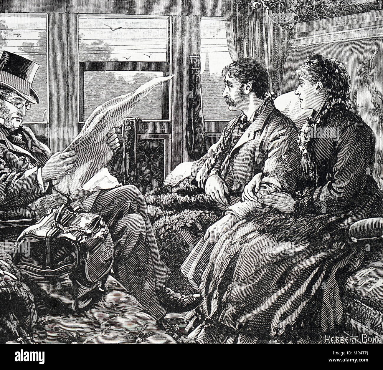 Engraving depicting passengers in a First-Class railway carriage