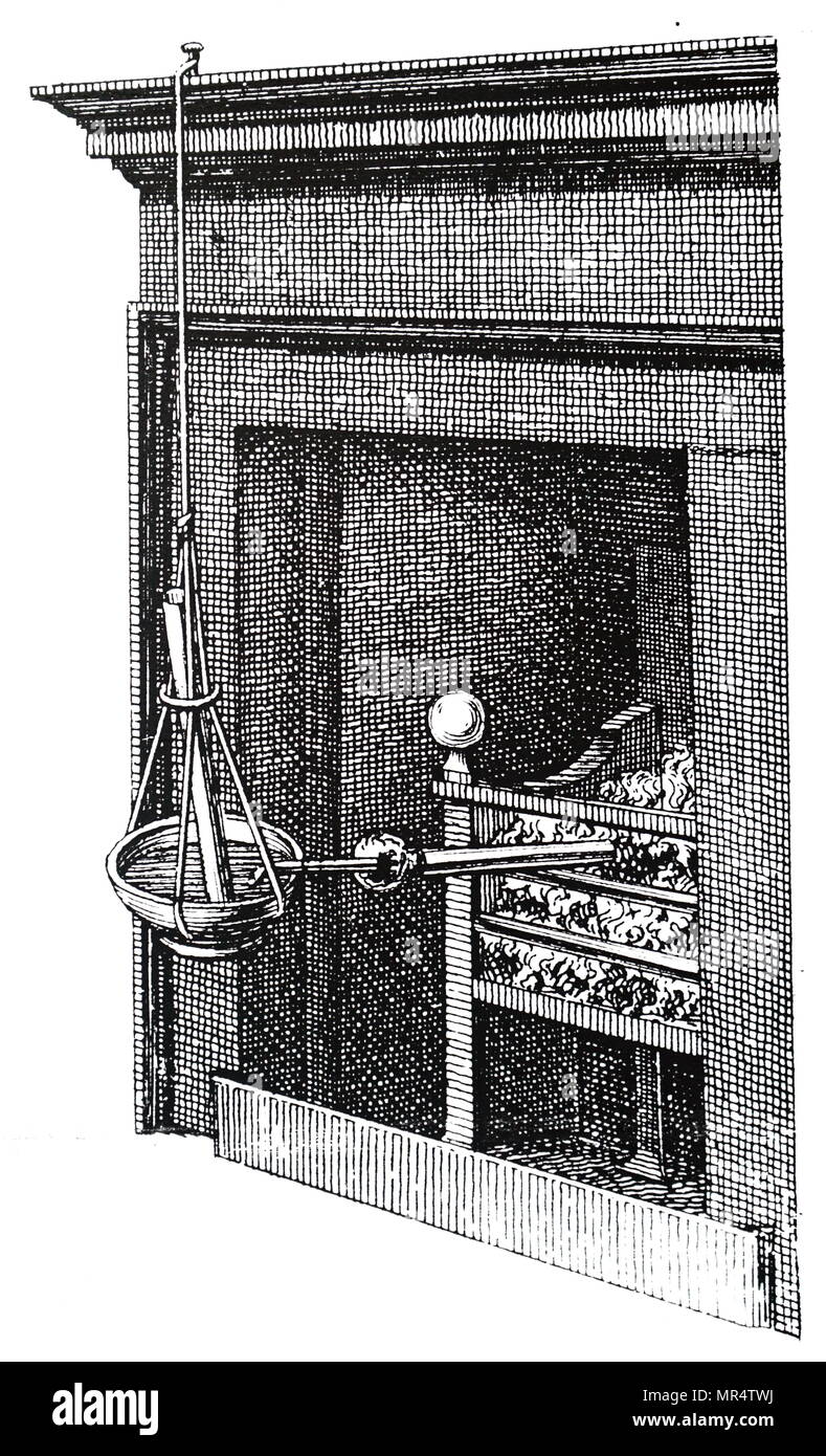 Engraving depicting Joseph Priestley's gun barrel apparatus which he used when he wished to examine gases from various substances subjected to heat. Priestley placed the substance under investigation in the closed end of barrel which he filled with burned sand. Pipe or glass tube was luted to pen end of the barrel. End of the barrel is placed in the fire and tube placed in a bath of mercury suspended from the mantle shelf, and gas is collected. J Stock Photo
