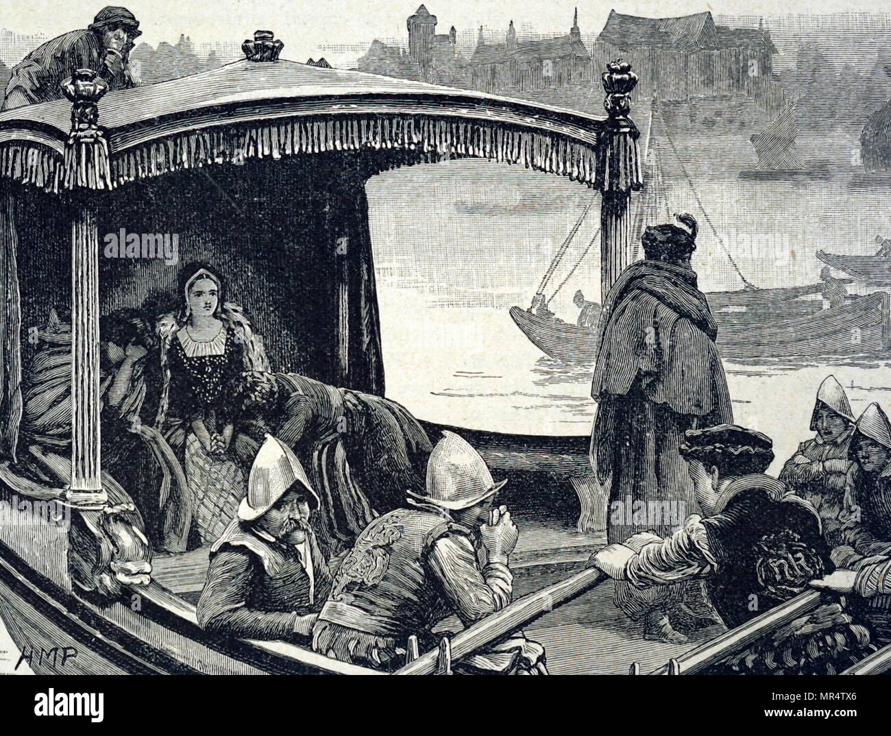 Engraving depicting Catherine Howard (1523-1542) fifth wife of King Henry VIII, being taken to the Tower of London where she was beheaded in 1542. Dated 19th century Stock Photo