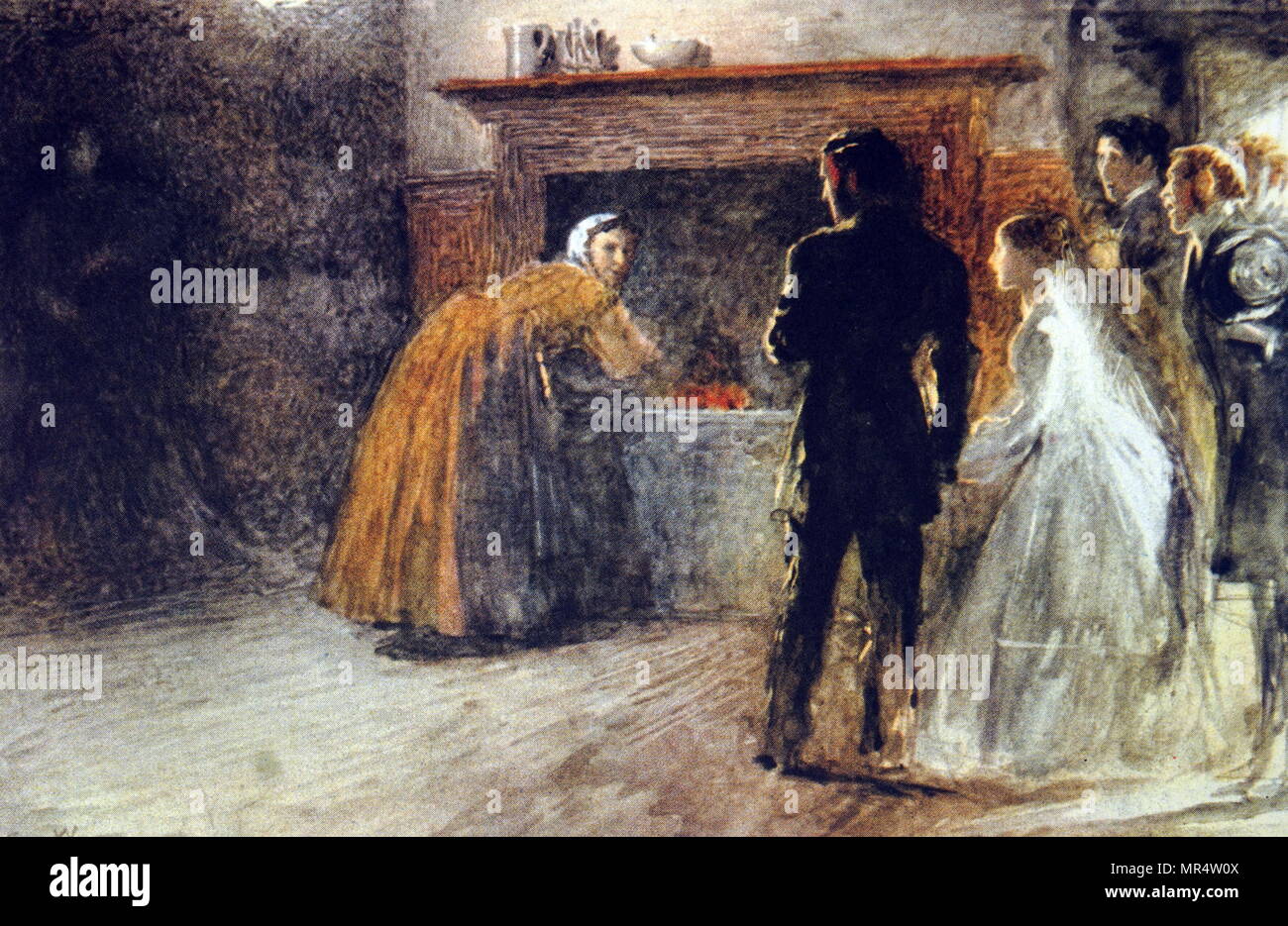 Painting depicting the visit from the madwoman after the marriage of Jane Eyre and Mr Rochester from Charlotte Brontë's 'Jane Eyre'. Charlotte Brontë (1816-1855) an English novelist and poet, and eldest of the three Brontë sisters. Dated 19th century Stock Photo