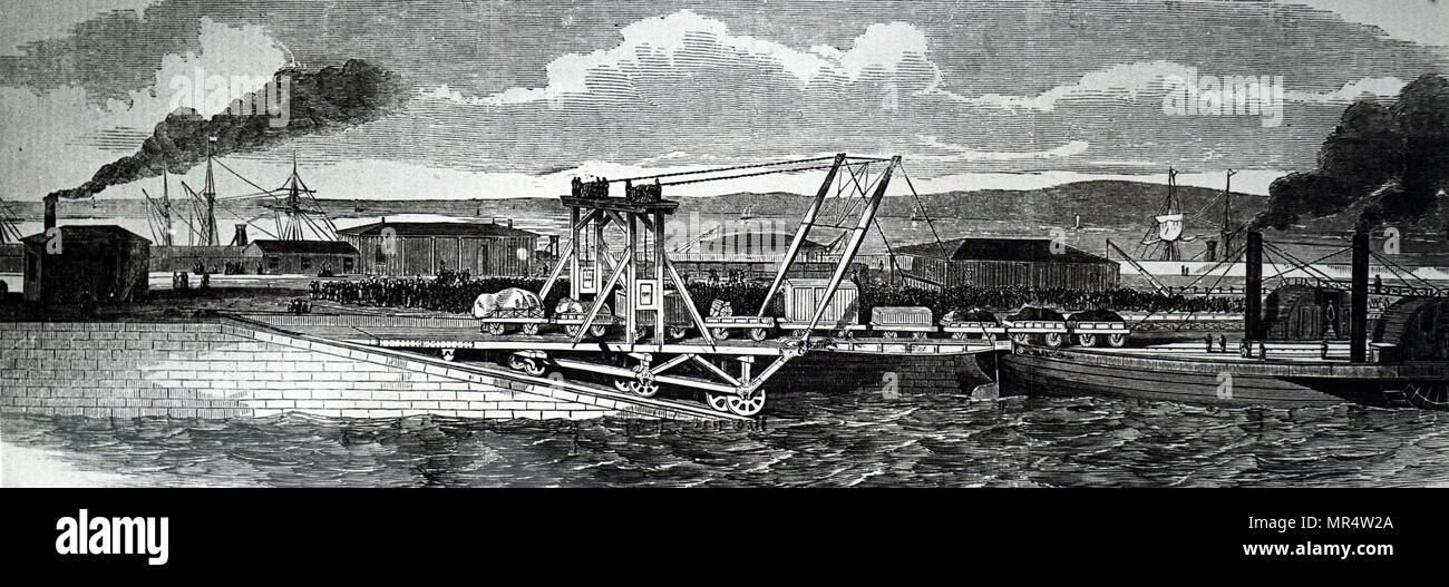 Engraving depicting the loading of railway wagons on to the ferry which linked Granton and Burntisland on the Edinburgh, Perth and Dundee Railway. Dated 19th century Stock Photo