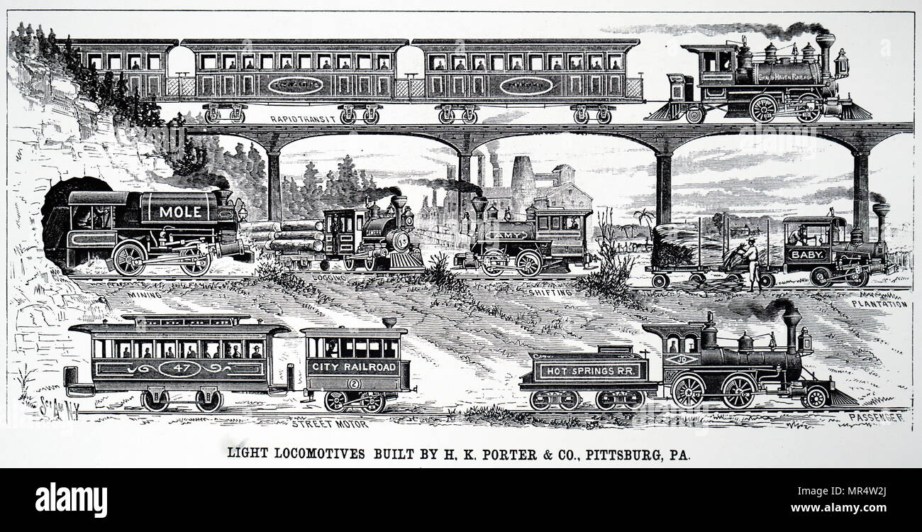 Engraving depicting various light locomotives built by H.K. Porter & Co., Pittsburgh. Dated 19th century Stock Photo