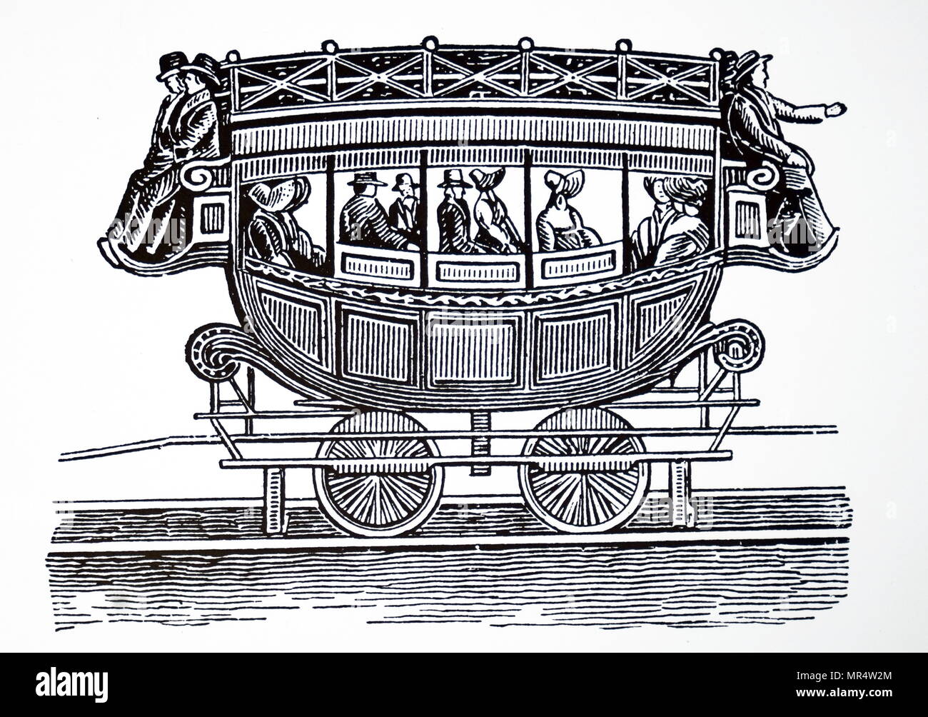 Engraving depicting an early American railway car, showing the type of carriage adapted from road transport that was used on the Baltimore, Ohio, Mohawk, and Hudson line. Dated 19th century Stock Photo