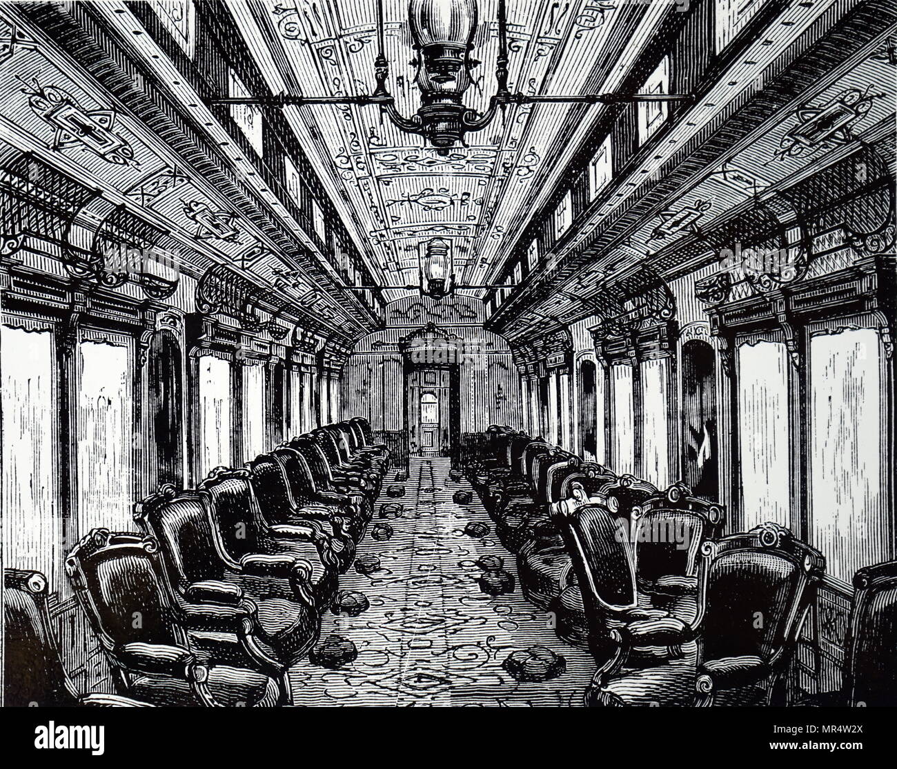 Engraving depicting the 'Silver Palace' dining room car which were on the Erie, Pacific and the New York to San Francisco railroads. Dated 19th century Stock Photo
