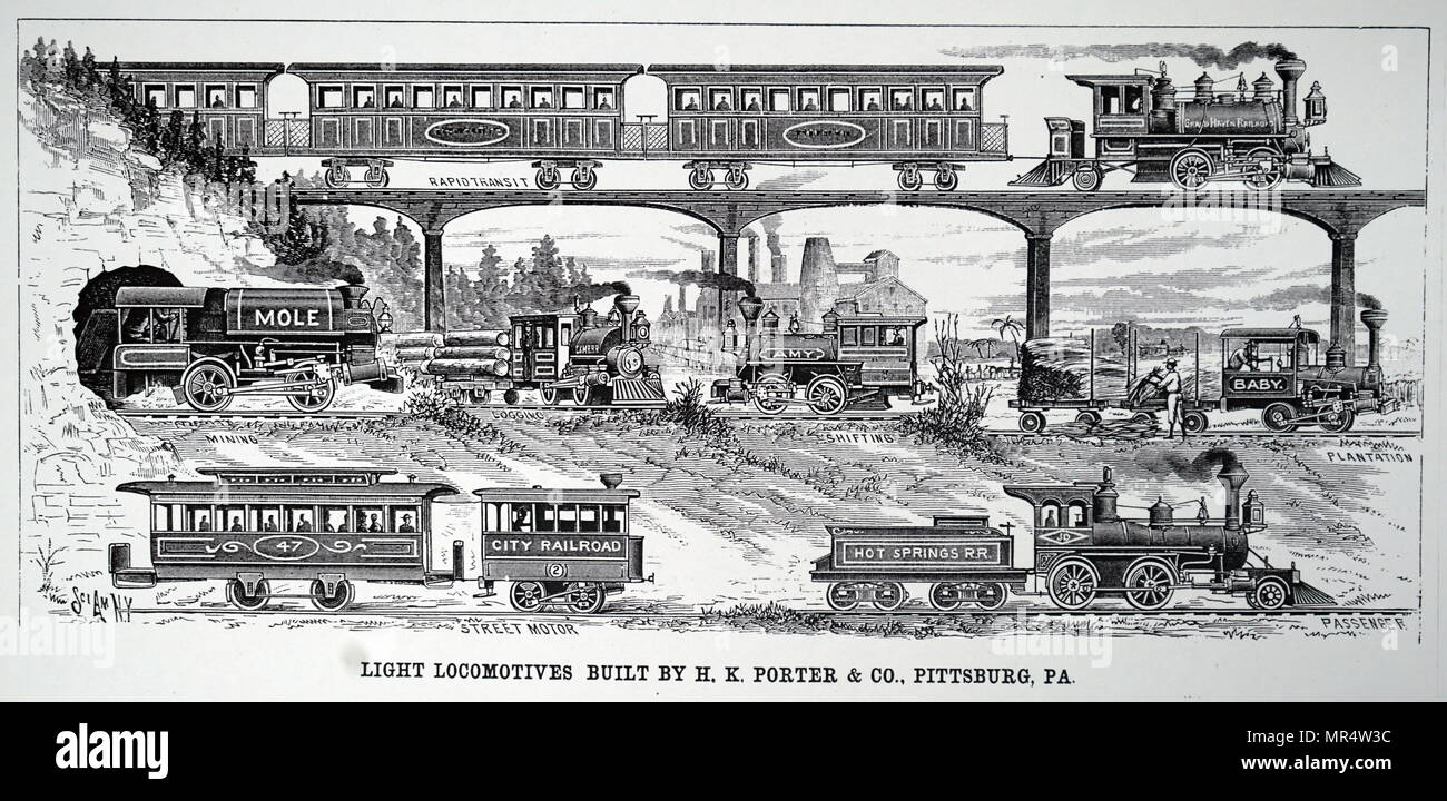 Engraving depicting various light locomotives built by H.K. Porter & Co., Pittsburgh. Dated 19th century Stock Photo